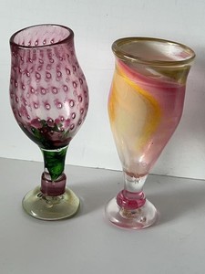 Pair of Czech Art Glass Hand Blown Goblets Pink Swirl Optic Dot