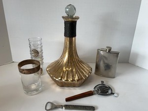 Vintage Barware Lot Decanter Flask Glasses Strainer Bottle Opener