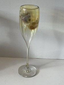 Signed Studio Art Glass Champagne Flute Iridescent Amber 2001 11in
