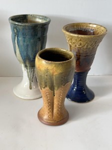 Set of 3 Studio Art Pottery Pedestal Vases Drip Glaze Stoneware
