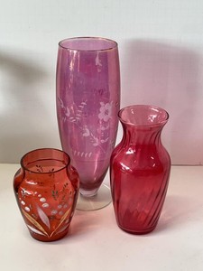 Lot of Assorted Vintage Art Glass Vases Pink Cranberry Etched