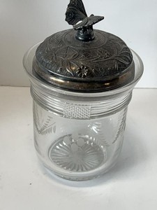 Vintage Etched Glass Biscuit Jar Silverplate Butterfly Lid 7 x 4.5