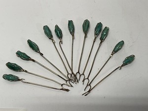 Vintage Sterling ( unmarked) Jade Stone Cocktail Picks Brass Tone Olive Appetizer Forks