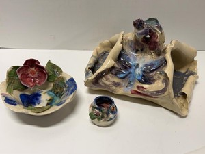 Handmade Studio Pottery Floral Bowl Vase & Sculptural Holder Set