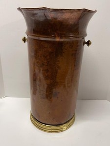 Italian Copper Umbrella Stand Brass Base Scalloped Rim Made in Italy
