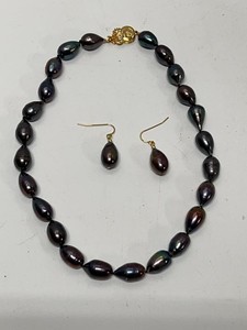 Black Baroque Freshwater Pearl Necklace & Drop Earring Set Gold Tone