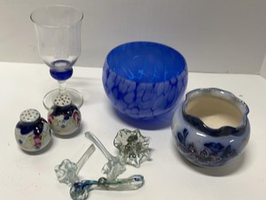Vintage Art Glass & Porcelain Decor Lot Blue Bowl Goblet Shakers