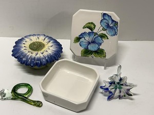 Italian Pottery & Art Glass Decorative Dish Lot Floral Blue White