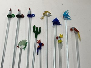 Vintage Art Glass Figural Swizzle Stirrers Fish Bird Candle Barware Lot