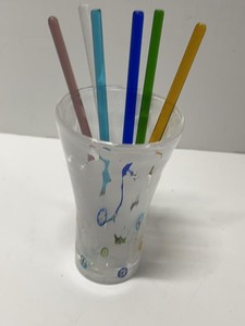 Unmarked Art Glass Tumbler With 5 Color Swizzle Sticks Murano Style