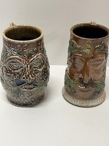 Pair of Vintage Art Pottery Face Mugs Figural Stein Tankards