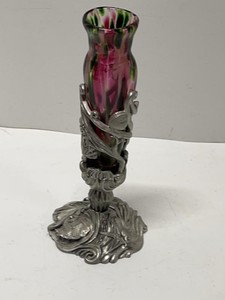 Arthur Court Sea Shell Metal Bud Vase With Pink Green Art Glass Insert