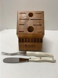 Cutco Wood Knife Block with White Handle Spreader & Fork Set