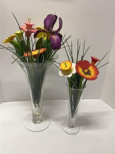 Hand Carved Painted Wooden Floral Arrangements in Glass Vases Pair
