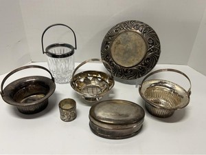 Vintage Silverplate Tableware & Vanity Decor Lot w 8in Mirror