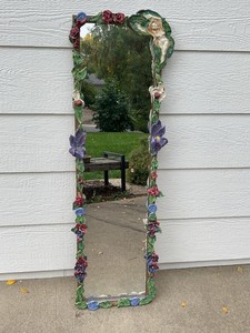 Art Nouveau Style Floral Figural Ceramic Framed Wall Mirror 16x51