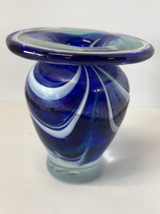 Signed Studio Art Glass Vase Cobalt Blue Swirl Trumpet Rim 4in