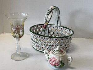 Hand Painted Portuguese Italian Ceramic Basket Sugar Bowl Goblet