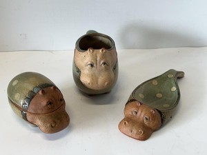 Set of 3 Whimsical Ceramic Hippo Mug Trinket Box Spoon Rest