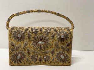 Vintage Handmade India Beaded Floral Evening Bag Gold Satin Purse
