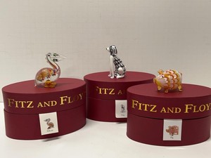 Fitz and Floyd Art Glass Animal Figurines Pelican Dog Pig w Boxes