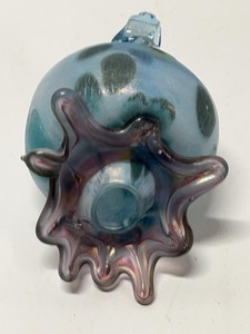 Hand Blown Art Glass Pomegranate Vase Blue Purple Iridescent 6in