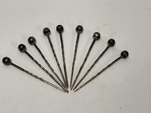 Vintage Sterling Silver Twisted Metal Cocktail Picks Ball Finial Olive Skewers Set