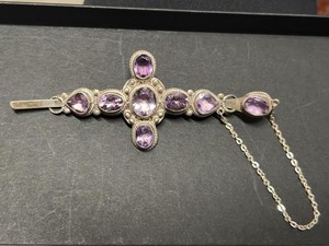 925 Sterling Silver Amethyst Stone Shawl Pin Brooch 4in