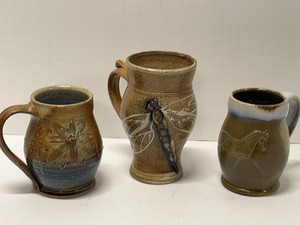 Set of 3 Studio Pottery Stoneware Mugs Dragonfly Floral Horse