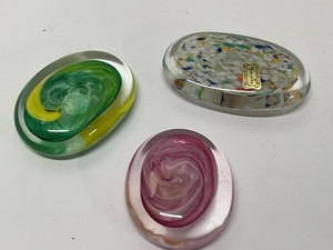 Set of 3 Vintage Art Glass Paperweights Czech Label Swirl Designs