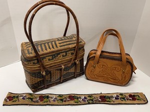 Lot of Vintage Basket Purse Tooled Leather Handbag & Beaded Sash