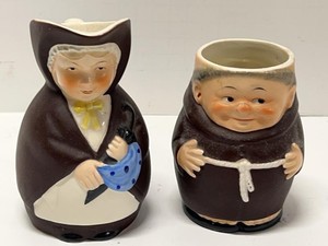 Vintage German Figural Mrs Gamp & Monk Ceramic Creamer Mug Set