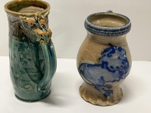 Art Pottery Mug Lot Dragon Handle Stein & Blue Horse Stoneware