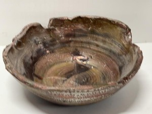 Studio Art Pottery Ruffled Edge Bowl Drip Glaze Decorative 12 x 5