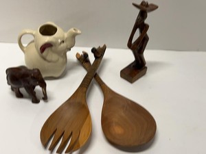 Lot of Assorted Vintage Wood Carvings & Elephant Ceramic Pitcher