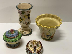 Vintage Art Pottery Decor Lot Quimper Covered Jar Bee Vase Owl