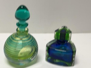 Pair of Vintage Art Glass Perfume Bottles Blue Green Sommerso 6in