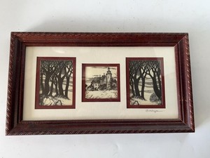 Signed Delayne Framed Triple Panel Landscape Print Wall Art