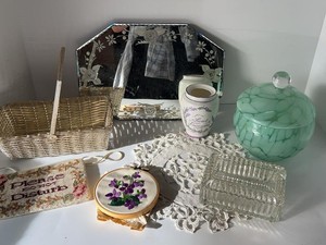 Vintage Vanity Decor Lot Etched Mirror Art Glass Needlework Basket