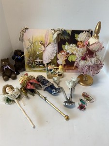 Vintage Mixed Decor Lot Fairy Postcards Glass Art Plush & Dolls