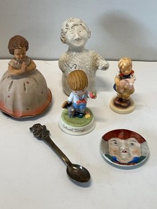 Box Lot of Vintage Ceramic Figurines Dish Spoon Music Box