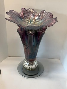 Murano Style Iridescent Art Glass Floor Vase w Ruffled Flower Top