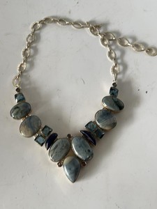 Sterling Silver Multi Stone Statement Necklace Blue Gray 22 Inch