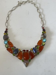 Unmarked Statement Necklace Multi Stone Silver Tone Bib Style 22in