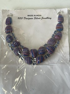 India 925 Silver Multistone Inlay Statement Necklace 22in Long
