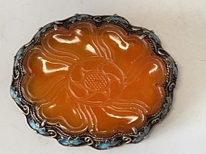 Chinese Export Silver Filigree Carnelian Floral Brooch Enamel 2.25in