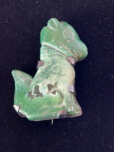 Vintage Mexico Silver Carved Green Stone Dog Figural Brooch Pin