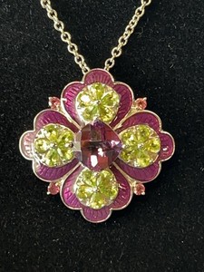 Sterling Silver Semi Precious Flower Pendant Necklace Enamel 19in