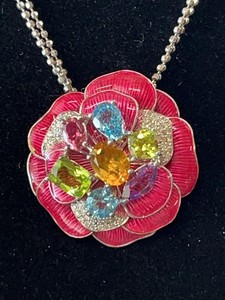 Macys Sterling Silver Enamel Flower Pendant Necklace Multi Gem 19in