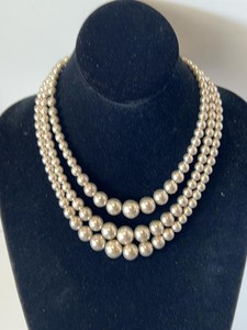 925 Sterling Silver 3 Strand Graduated Bead Necklace Thailand